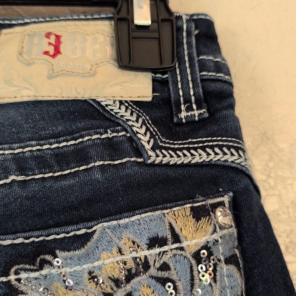 Rebel Jeans Women's 9/27 Distressed Jewel Flower Detail Wide Leg Mid Rise Dark - Picture 13 of 15